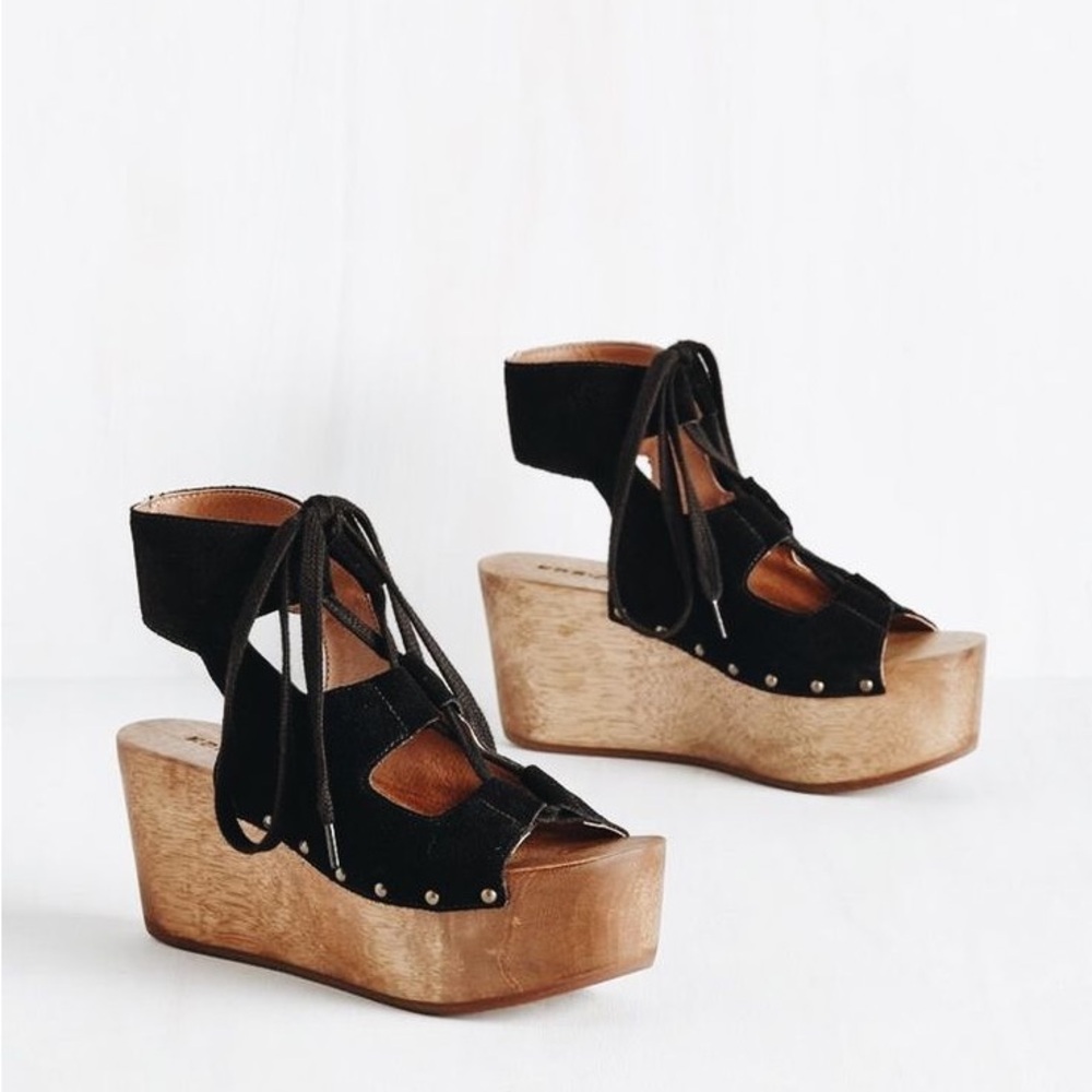KDB x Free People Black leather Suede Platform Wood Wedge Sandals
